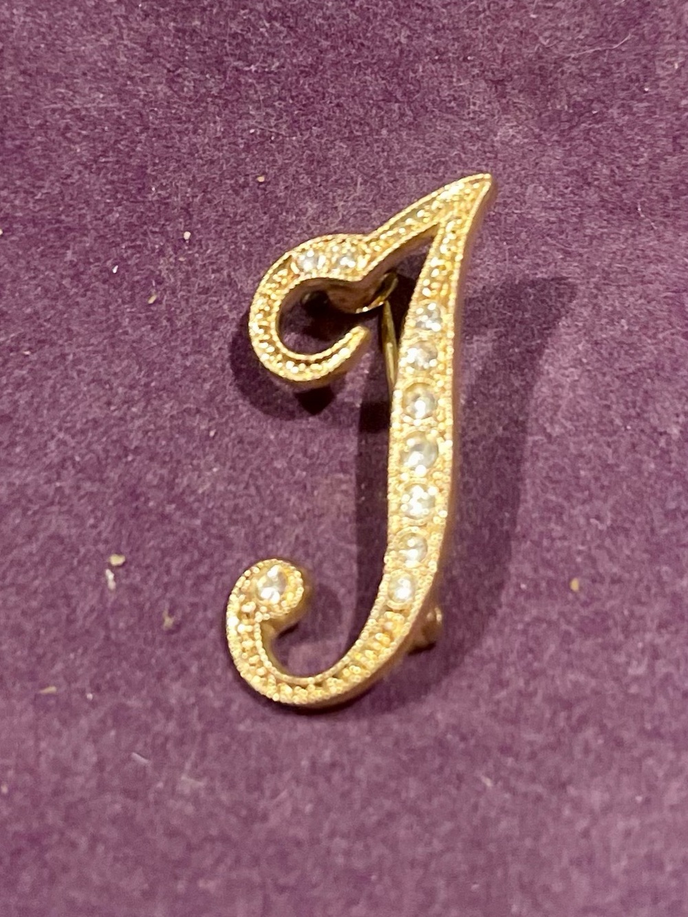 Vintage Gold Letter studded T or J Pavé Pin Brooch - Elegant Monogram Jewelry